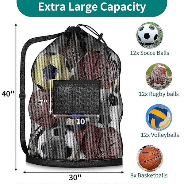 Extra Stor Fotbollsväska, 102 x 76 cm dragsko Meshbollväska med Ficka, förvaringsväska för Basketboll, Gymutrustning, Simutrustning -JRZD