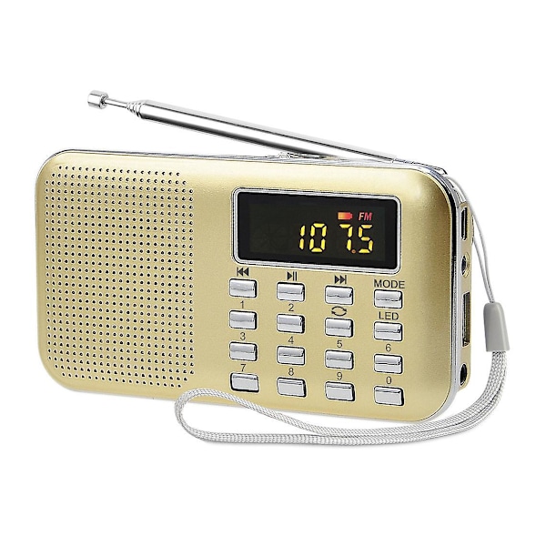 Bärbar Radio, FM AM Batteri och Nätström Radio, MP3, Högtalare, TF-kort/USB-hållare, Ficklampa, Lämplig (Guld)