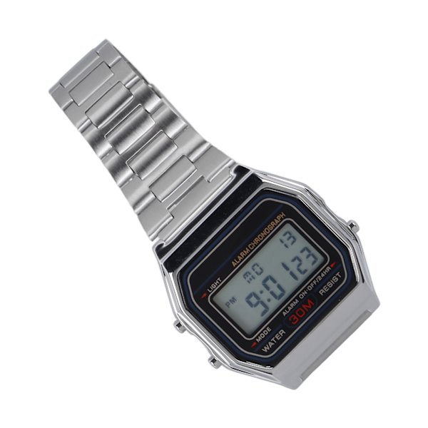 Man Vintage Watch Rostfritt stål Armband Digital Watch Vattentät Lätt Luminous Armbandsur Silver