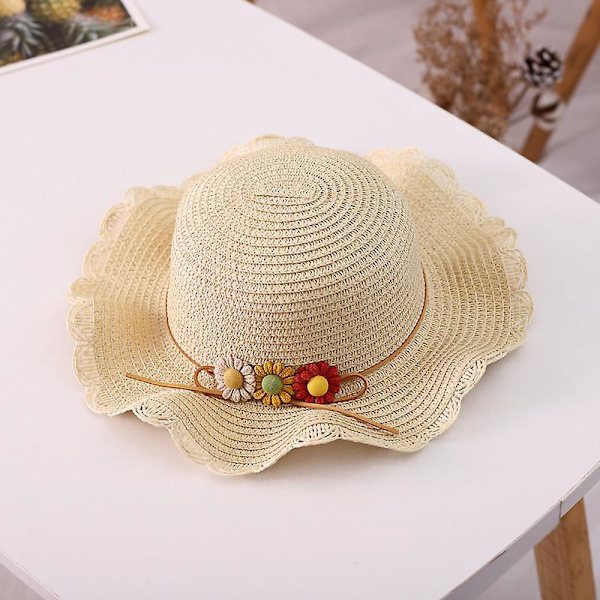 Pige Beige Solhat med Blomsterdekoration - UV-beskyttelse, Sommerhat til Børn (Alder 3-7) - Perfekt til Strand og Vandring