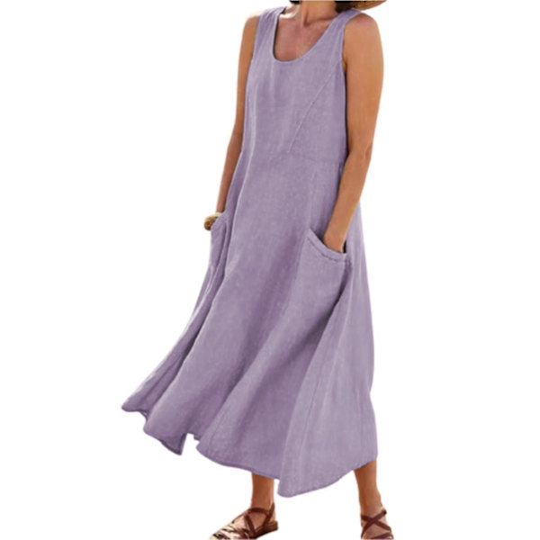 Hihaton Puuvillapellava Rantamekko Taskuilla - Naisten Boheemi Tyylissä Sundress (Violetti) S