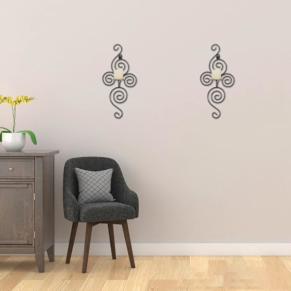 Kynttilänjalkasarja, 2 kpl, tealight-kynttilänjalka, seinään kiinnitettävä metallinen seinäkynttilänjalka, rautainen riippuva kynttilänjalka mustalle rautaseinälle