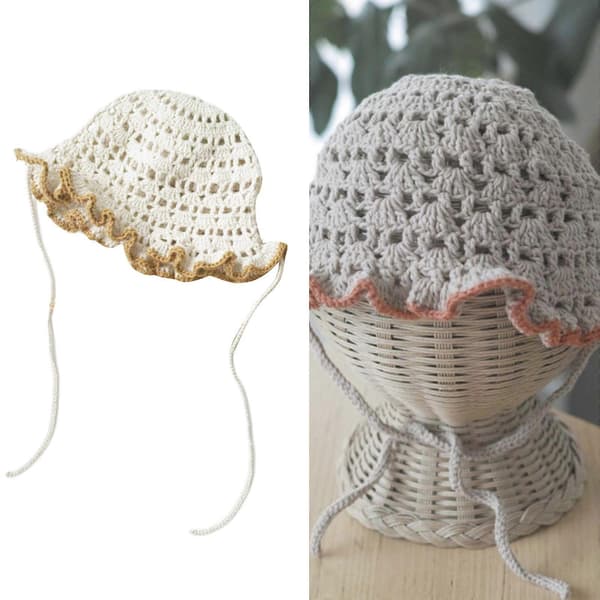 Stilfuld hæklet blondehat Børnefiskerhat Komfortabel Trendy Perfekt til sommerudflugter og strandferier Off white blue edge