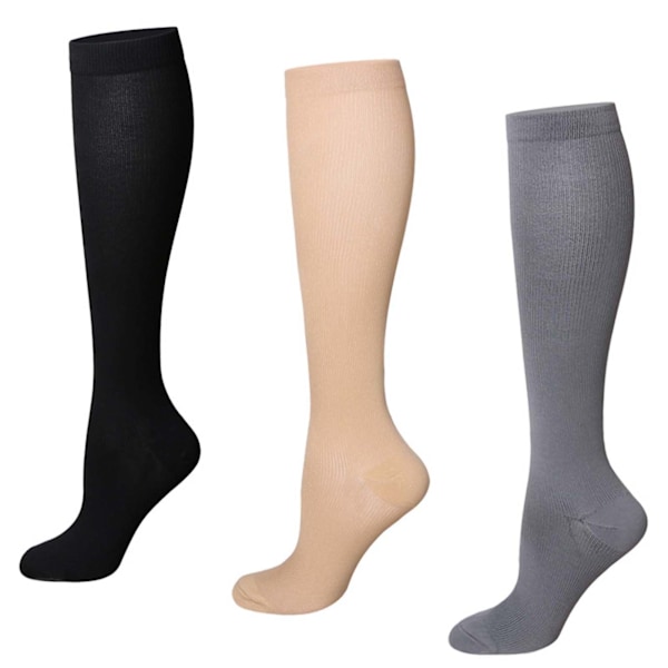 3 par kompresjonsstrømper i ren farge øker blodstrømmen pustende nylon kompresjonsstrømper løping for voksne svart hudfarget grå L XL