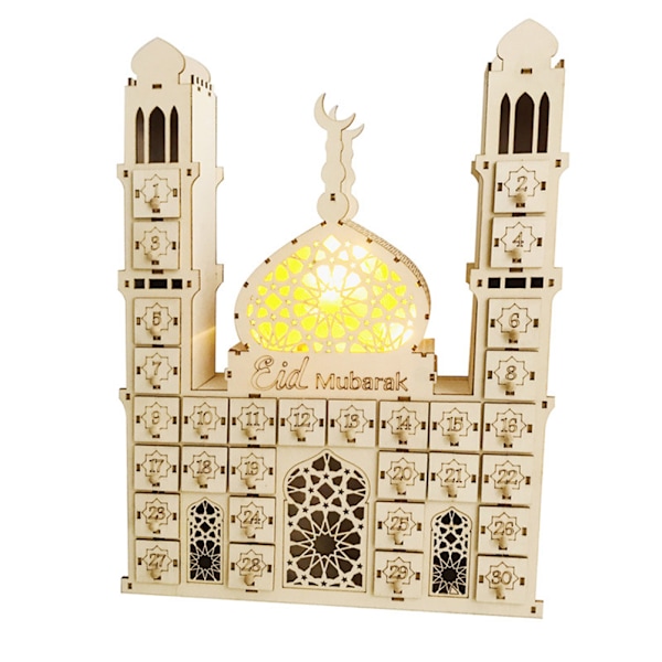 Ramadanin adventtikalenteri, puinen koriste, Eid Mubarak -laskentakalenterikoriste LED-valoilla