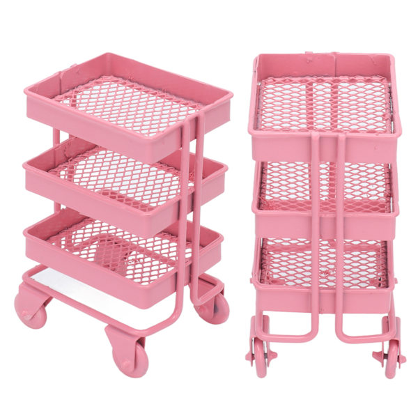 1:12 Miniatyrdockhusleksak 3-nivåers förvaringsställ med hjul för dockhusköksdekorationRosa