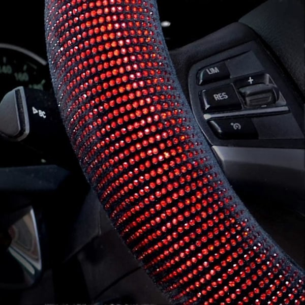 Rattmuff för Kvinnor, Bling Kristall Diamant Glittrande Bil SUV Rattmuff, Universal Passform 15 Tum (Röd Diamant)