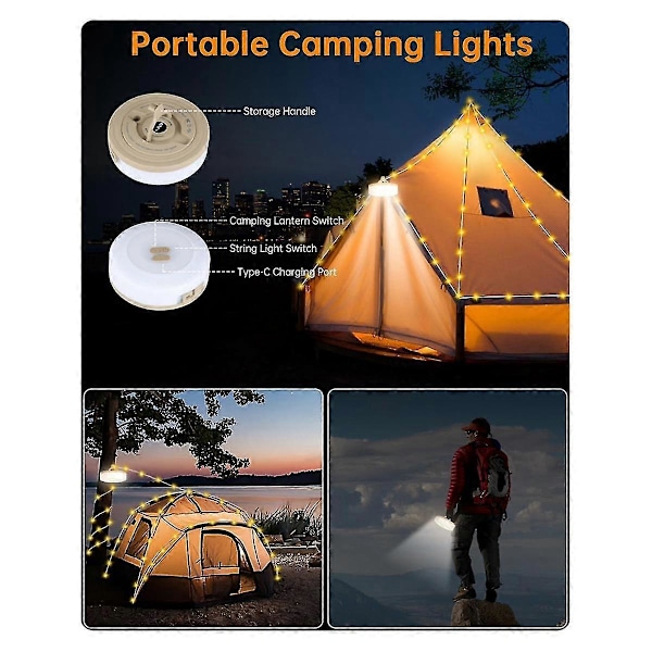 2-i-1 Utomhus Camping Ljusslinga med 5 Belysningslägen, Portabel Led Campinglykta kompatibel Tält, Yar