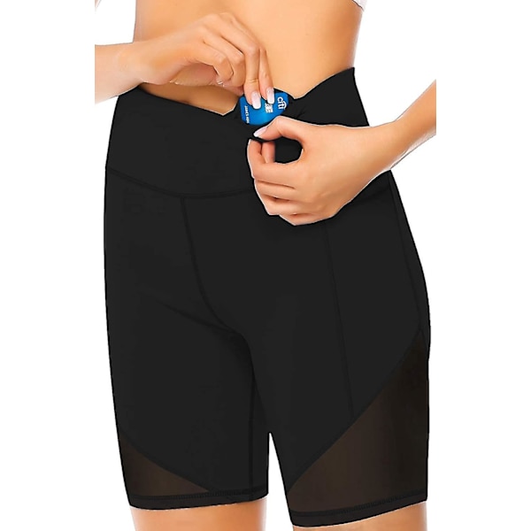 Högmidjade svarta mesh-cykelshorts med sidfickor