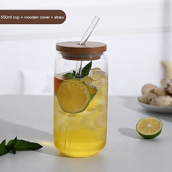 Dricksglas set med bambulock och glasstrå, 550ml/400ml - Återanvändbar Boba-kopp