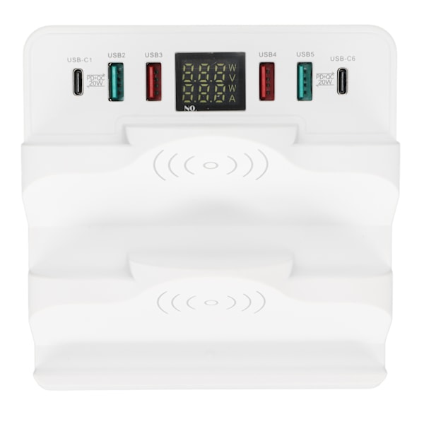 USB-latauskeskitin 6 porttia 2 langatonta puhelimen latausasemaa QC 3.0 USB C -telakka useilla laitteilla LCD-näytöllä EU-pistoke