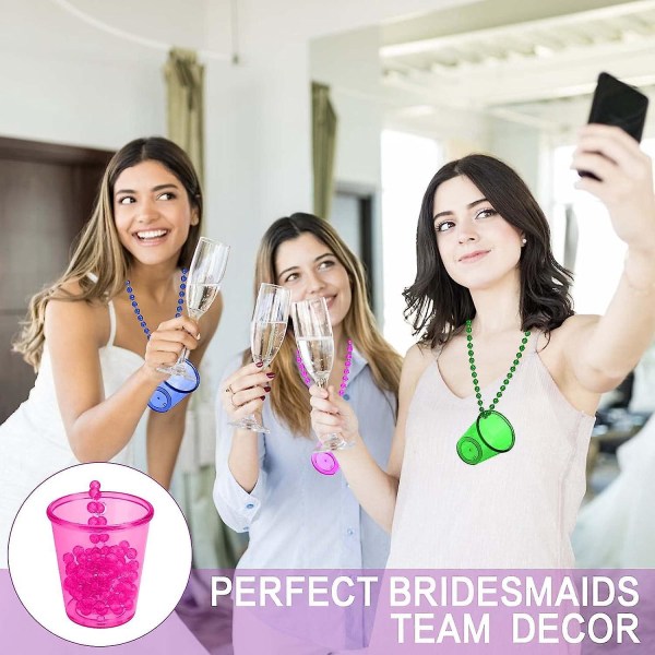 18 stk Bride Shot-briller i 6 farver - Perfekt til Team Bride/Groom/To Be! Plastikshotsglas med perlehalskæde og beaded brudedesign