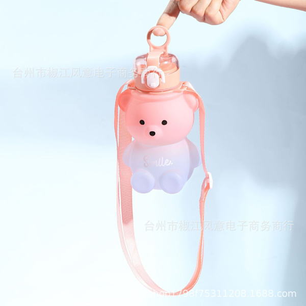 Kawaii björn vattenflaska bärbar söt barn vattenflaska med sugrör studsmatta lock axelrem gradvis rosa blå 800ml