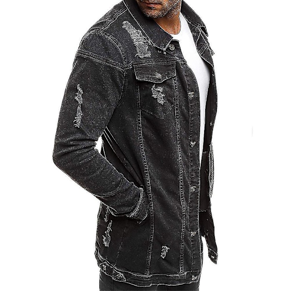 Långärmad sliten denimjacka för män med fickor XL svart