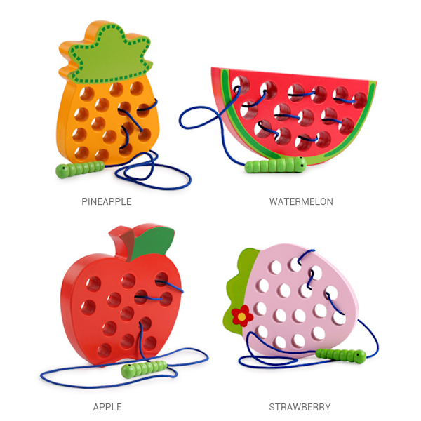 Puinen nauhoituslelu, pujotushedelmämato, syö omena, mansikka, ananas, vesimeloni, lapsille, opettavaiset vauvanlelut