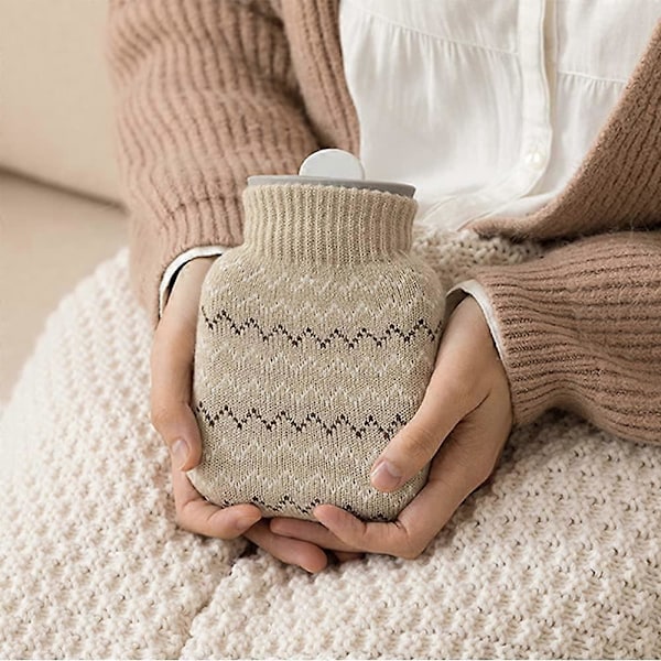 Liten Varmvattenflaska (Grå), med Stickat Överdrag, Mini Handvärmare i Silikon, Vattenpåsar för Varm och Kall Terapi, Lämplig för Barn och Vuxna
