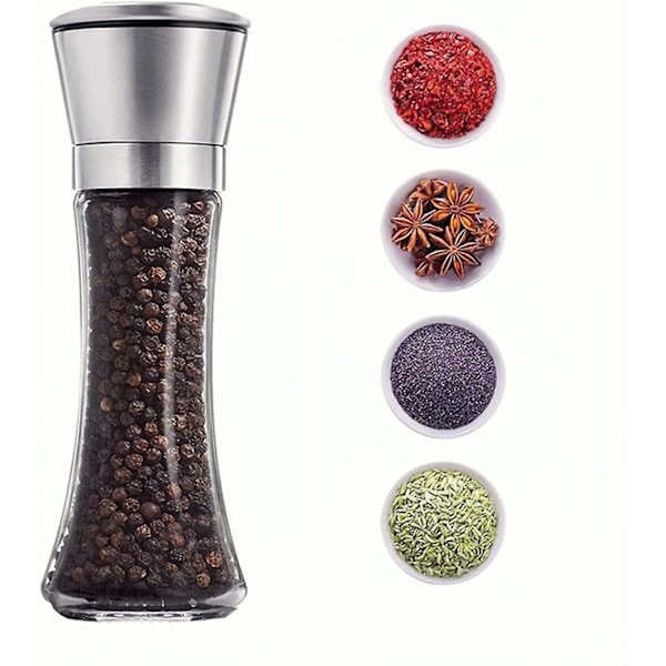 Kvern i rustfritt stål - Justerbar sort pepperkvern, langvarig smakskvern, høy glassblender for pepper, spisskummen, havsalt, mungbønner (Hig