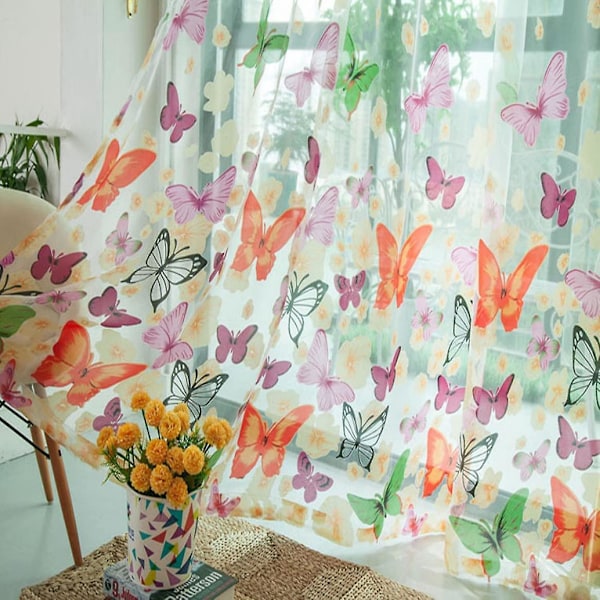 Netgardiner til vinduer Hvide gardiner Sommerfuglegardiner til soveværelse Sommerfugl tynde gardiner Tyl Voile Tynd gardinpanel Dekorativ 100x200cm