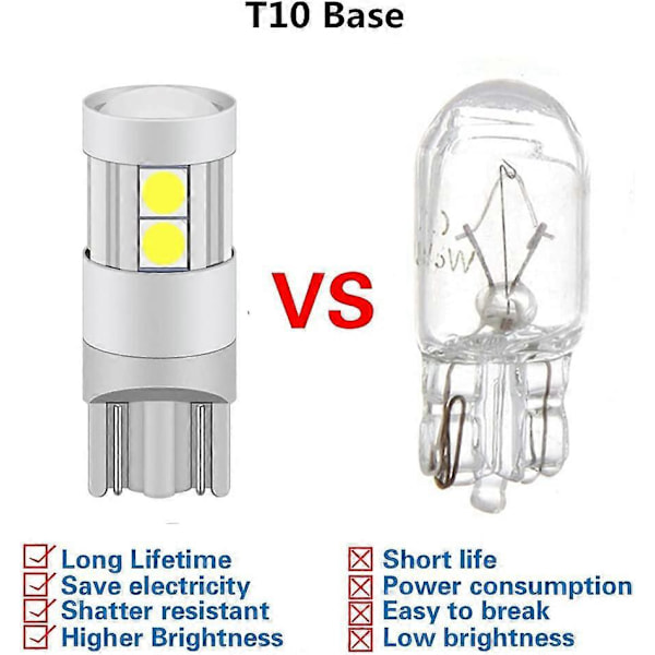 T10-3030-9SMD2.4W LED-pære, 12V 24V Hvit 6000K, med projeksjonslinse (4 stk)
