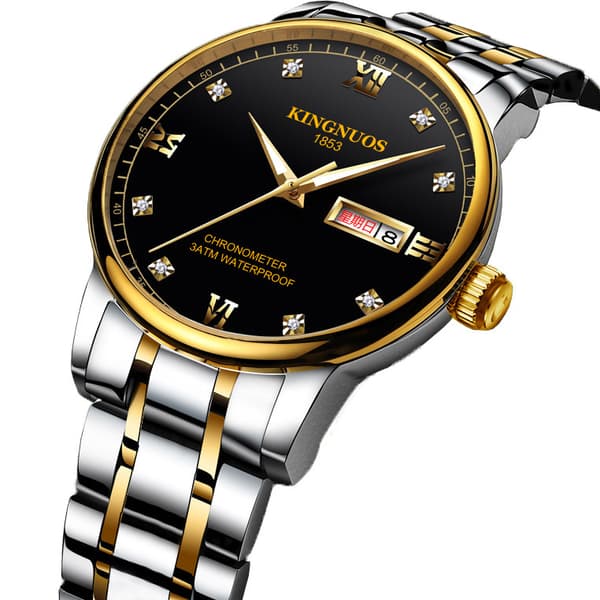 Trendy vandtæt lysende studenterur med nitter Sort di Black dial Gold band