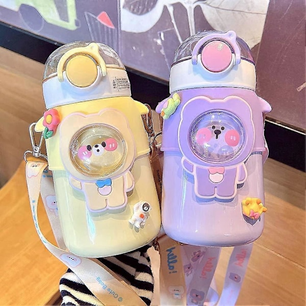 Kawaii Vannflaske med Sugerør, Søte Vannflasker med 3D Kawaii Klistremerke, Rustfritt Stål Vannflaske 600ml (Lilla)