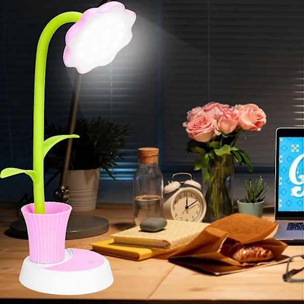Børne Skrivebordslampe, LED Skrivebordslampe, Dæmpbar Sengelampe med Touch Sensor, Øjenlæselys med Penneholder, Børne Genopladelig USB Bordlampe (Pink)