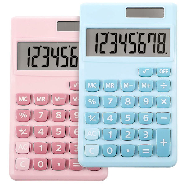 Liten digital skrivebords kalkulator med 8-sifret LCD-skjerm - Sett med 2 (Blå/Rosa)