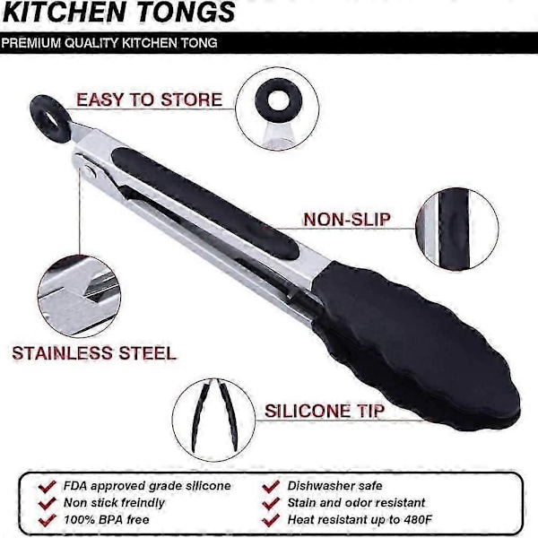 Sklisikre Premium 27cm Silikontenger i Rustfritt Stål, Kjøkkentangsett for Grill, Servering, Steking og Matlaging - Svart (1 STK)_SZXM