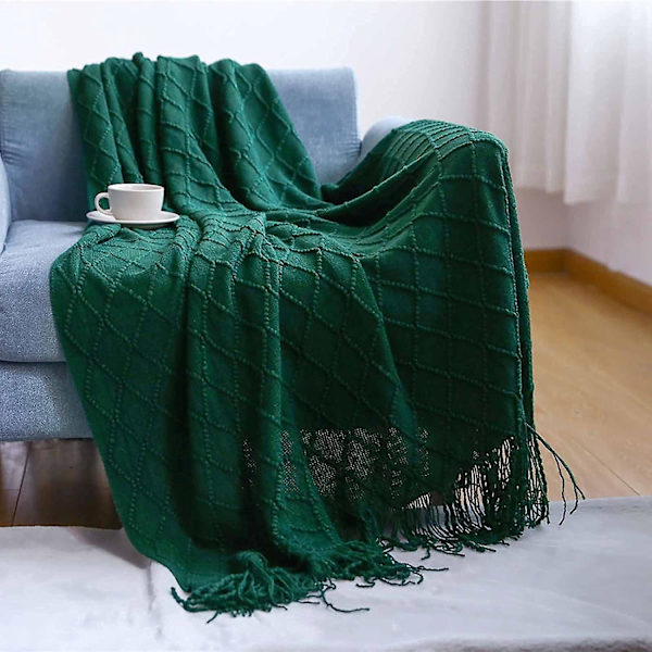 Vihreä pohjoismainen fringed neulottu peitto - yksivärinen pehmeä sohva