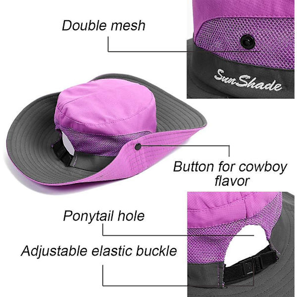 Lila Bred Brätte Bucket Solhatt med Mesh för kvinnor - Utomhusfiske och UV-skydd