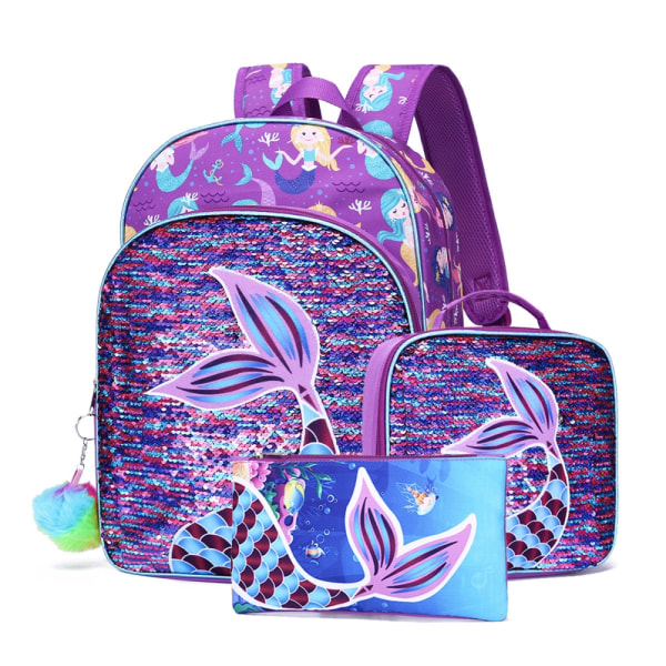 3 i 1 Kid Bokväskor Set Flickor Sjöjungfru Paljetter Ryggsäck med Lunchväska Case för Skol Utomhus Resor Camping Picknick