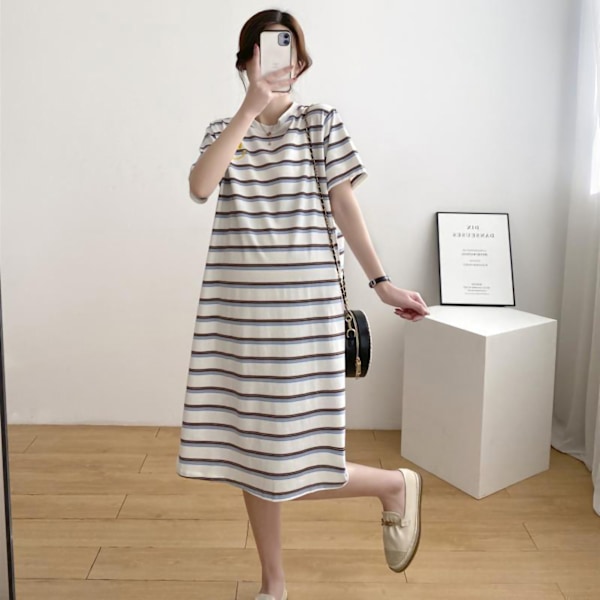 T-shirt kjole casual medium længde moderigtig graviditetskjole kort ærme løs pasform enkel stribet print blå hvid L