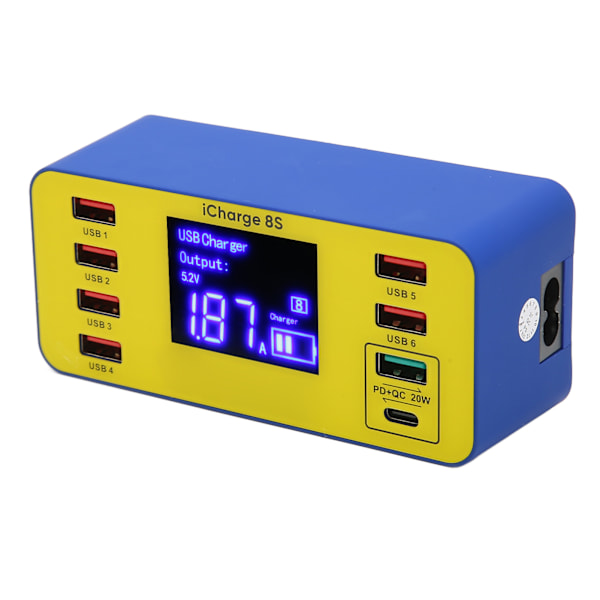 8 Port Ladestation 40W Hurtigopladning Multi Port USB Hub Oplader med LCD Digital Display 100‑240V EU-stik
