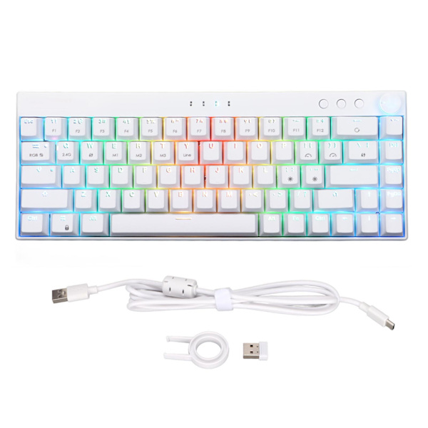 Mekanisk tangentbord 68 tangenter Tre lägen RGB-bakgrundsbelysning 1800mAh batteri N-tangent rollover Vitt mekaniskt spelande tangentbord Röd brytare