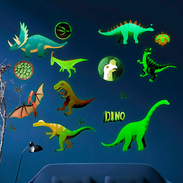 14 stk. Dinosaur Wall Decals Lysende Dinosaur Stickers Aftagelige PVC Dinosaur Wall Sticker til Soveværelse Klasseværelse