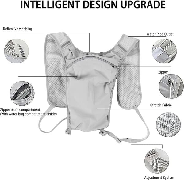Universal, breathable, ultralight, adjustable running vest backpack with phone pocket; unisex.