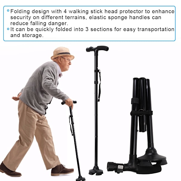 Hopfällbar Anti-slip Vikbar aluminiumlegeringsrör Elder Safety Walking Stick med LED-ljus
