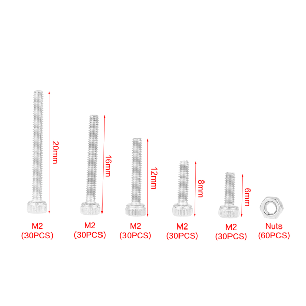 210 kpl M2 304 ruostumattomasta teräksestä valmistettu kuppi, kuusiokantapultti, ruuvit mutterit, valikoimasarja laatikolla