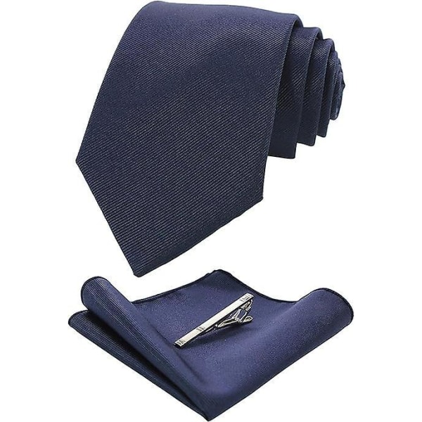 Miesten sininen silkkitwill- set , jossa solmioklipsi ja neliömäinen tasku, 4 osaa