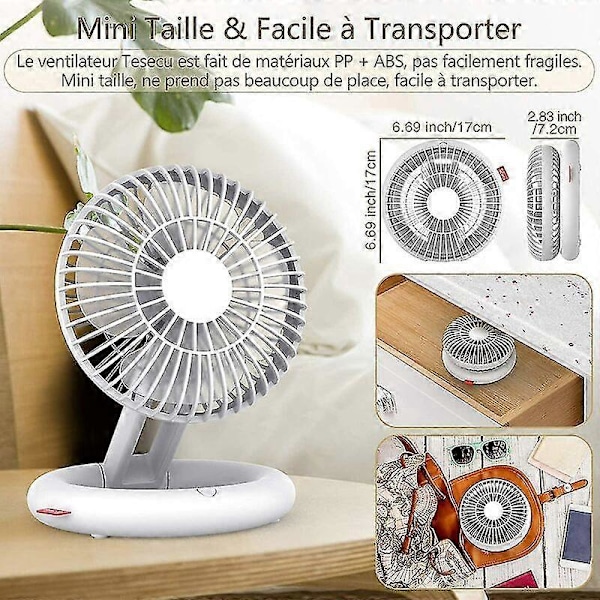 Hopfällbar USB-fläkt, Mini Tyst Fläkt, Portabel Tyst USB-fläkt 3 Hastigheter Justerbar