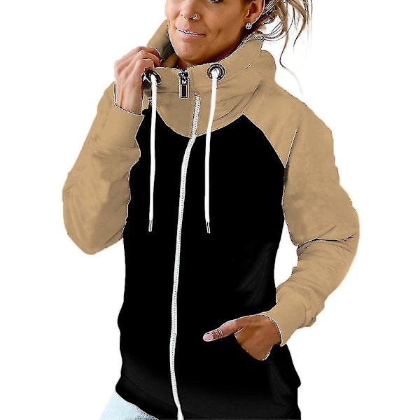 Colorblock Zip-Up Hoodie med fickor - Dam Casual Sweatshirt 2XL Khaki