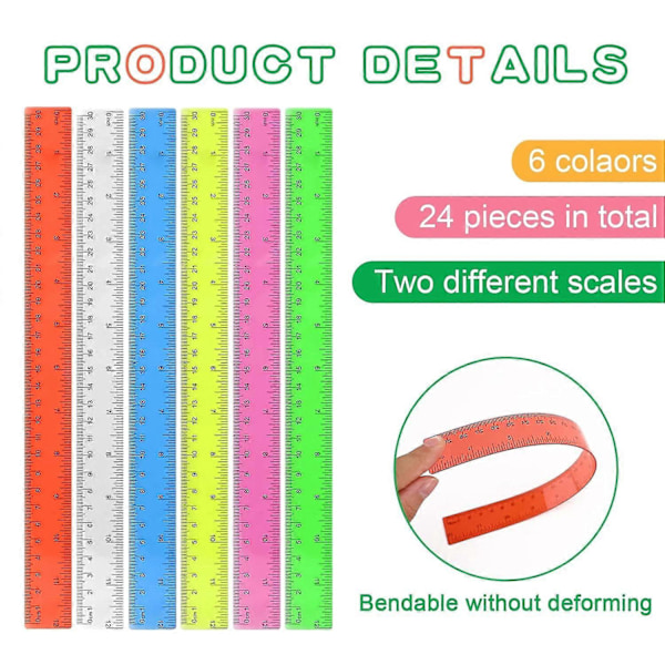 24 stk. 30 cm plastiklinealer 12 tommer farverige transparente linealer med tommer og metrisk for børn, skoleelever, klasseværelse, kontor