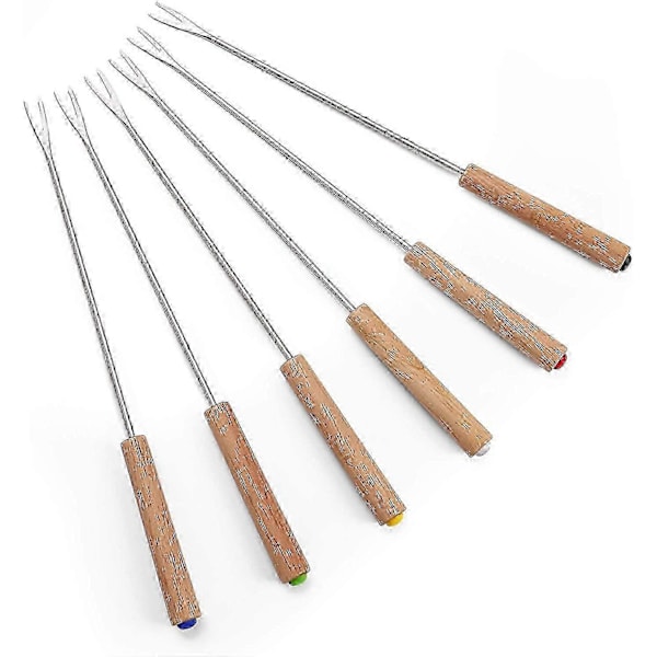 Rustfri Stål Fonduegaffel Varmebestandigt Træhåndtag 24 cm - 6 Stykker