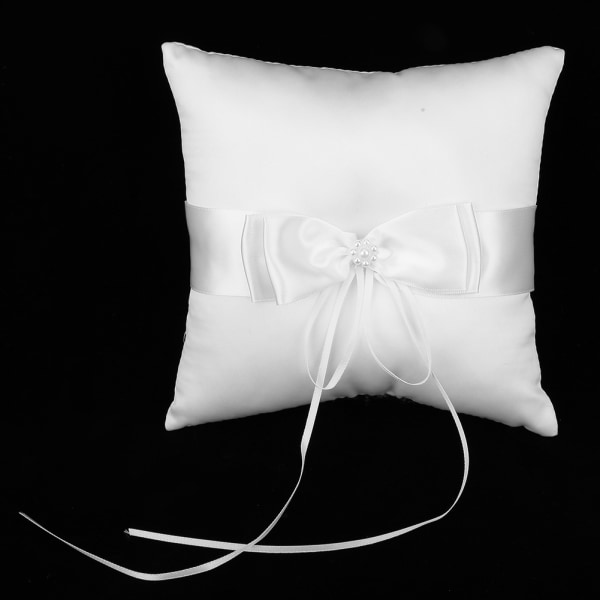 Vit Satin Bowknot Ring Bärare Kuddhållare Bröllopsring Kudde med Simulering Pärla 15*15cm