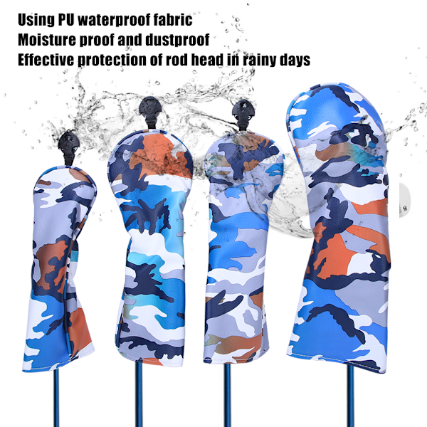 4PCS PU Lær Camouflage Vanntett Tykk Fôr Golf Putter Hodetrekk Tre Klubbhodetrekk TilbehørCamouflage Blå