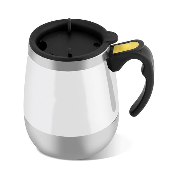 Elektrisk selvblandende kopp i rustfritt stål, magnetisk røremugge for kaffe, hvit