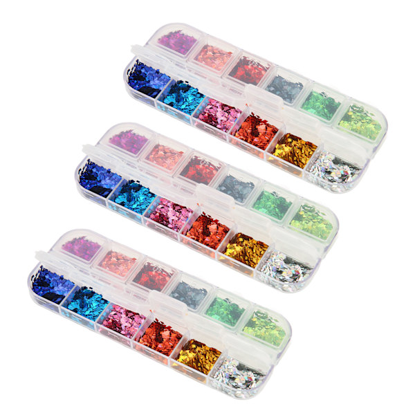 3 lådor nagelpaljetter färgglada 12 fack laser kvadrat nagelkonst glitter paljetter för nageldekorationer