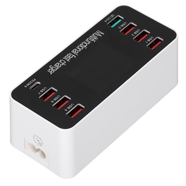 60W monipuolinen USB-laturi 8-porttinen työpöydän latausasema, jossa pikalataus 3.0 USB-portti, tyypin C-portti ja LCD-näyttö 100-240VUK-pistoke