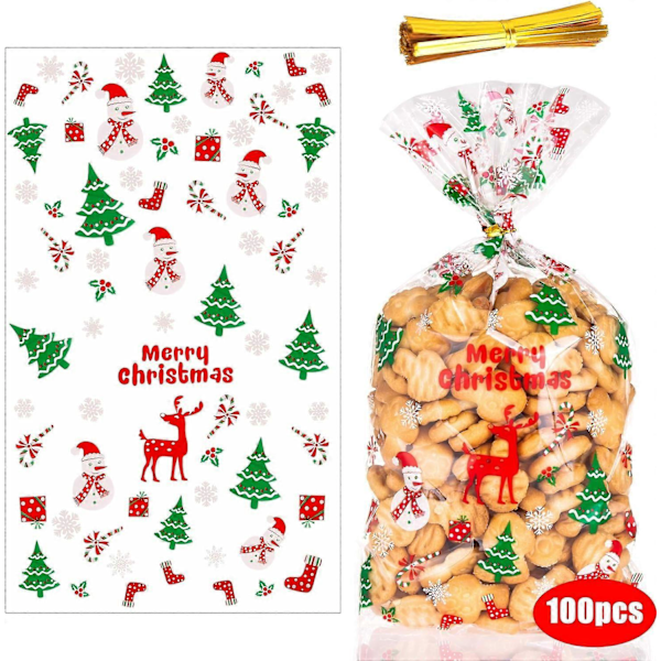 God Jul 100 stk. Juleplastposer for Godteri og Kjeks, Julegaveposer med Twist Ties for Julefestutstyr