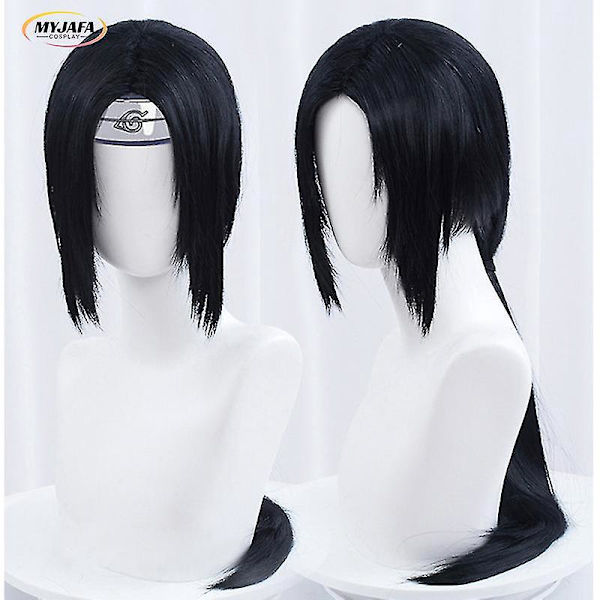 Itachi Uchiha Cosplay -peruukki - Pitkä suora musta synteettinen hiusperuukki otsapannalla ja peruukkiverkolla